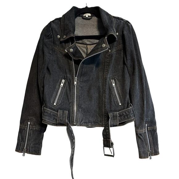 Manoush Denim Biker Jacket Motorcycle Washed Black Belted Size 40 US 8 - Picture 2 of 14